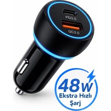Mimtec 48W Hızlı Araç Içi Şarj Cihazı - Çift Portlu Type-C Şarj Kablolu Hızlı Şarj Cihazı