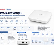 Reyee RG-RAP2200(E) Iç Ortam Access Point - Dual-Band, 867MBPS At 5ghz + 400MBPS At 2.4ghz, 2 Gigabi