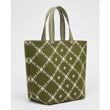 Qoolest Kadın Geometrik Desenli Büyük Boy Shopper Omuz Çantası Çizgili Saplı Tote Çanta