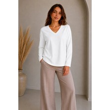 Sortie Collection Kadın V Yaka Rahat Kalıp Dökümlü Modal Uzun Kollu Tişört Ekru