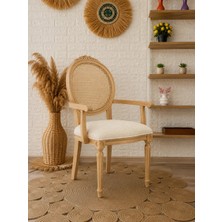Silla Kollu Madalyon Sandalye Teddy Krem Kumaş Oymalı Hasırlı Naturel Ahşap Sandalye