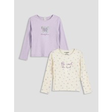 LC Waikiki Lcw Kids Lila Bisiklet Yaka Nakışlı Kız Çocuk Tişört 2'li