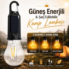 Badem10 Güneş Enerjili Şarjlı LED Kamp Lambası Type-C 3 Modlu Askılı Taşınabilir Kamp Feneri Çadır Lambası