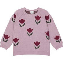 Antebies Pembe Lale Desenli, Raglan Kollu Triko Kız Çocuk Kazak