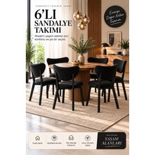 Formet 6’lı Mutfak Sandalyesi ve Yemek Masası Sandalyesi, Siyah Kumaş, Siyah Metal Ayak