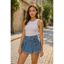 Kadın Yüksek Bel Kemerli Jean Şort Etek