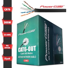 Powergate Cat6-Out-Cca, Outdoor (Dış Mekan), Polietilen, 23AWG 0.57MM, Utp, Cat6, Cca Kablo, 305M, Siyah