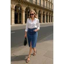 Banny Jeans Kadın Yırtmaçlı Midi Jean Etek