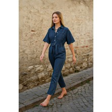 Banny Jeans Kadın Koyu Mavi Yarasa Kol Jean Tulum %100 Pamuk Günlük Stil ile Şık