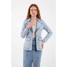 Banny Jeans Kadın Uzun Kollu Tek Düğmeli Jean Ceket Açık Mavi