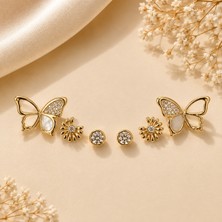 Hotchic Hotchıc Kelebek ve Papatya Detaylı Üçlü Gold Çelik Küpe