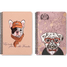 Fly Color A5 Spiralli 80 Yaprak Çizgili 2'li Köpek Desenli Defter P.p Kapak