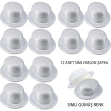 Timion Mey Ithalat® Gümüş Renk Simli Melon Yuvarlak Parti Şapkası 12 Adet