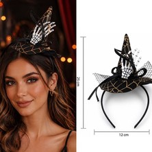 Pandoli Halloween Altın Renk Ağ Desenli Tüllü Kurdeleli Plastik Iskelet Elli Cadı Şapkası Şeklinde Taç