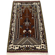 Burak Halı El Dokuması Sıfır Yahyalı Seccade 85X140 Kahverengi Beyaz Kök Boya %100 Yün Açık Kahverengi
