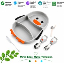 Jojobebek Vakumlu Silikon Mama Tabağı, Silikon Saplı Metal Uçlu Çatal ve Kaşık ( Penguen Figürlü )