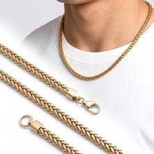 Fm 💎 Premium Parlak ve Şık Köşeli Burgu Erkek Çelik Zincir Kolye 4×4 mm 55 cm - Gold Renk 3183ECK009