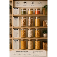 Porsima 12'li Bambu Ahşap Kapaklı Cam Kavanoz Seti – 2100 Ml, 1650 Ml, 1300 Ml, 750 ml Erzak & Baharatlık