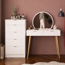 Bimossa T1070 Geniş Dolaplı Lucy Makyaj Masası Seti Beyaz - Yuvarlak Aynalı ve Geniş 5 Çekmeceli