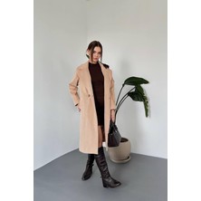 Moda Days Kadın Camel Uzun Kaban Ceket Yaka Düğmeli Cepli Düz Dokuma Kışlık