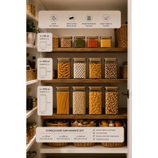 Porsima 12'li Kare Bambu Ahşap Kapaklı Cam Kavanoz Seti – 1900 Ml, 1250 Ml, 750 ml Erzak & Baharatlık