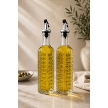 Klarhaus Punch Ikili Kare Kabartmalı Cam Yağdanlık Seti 500 ml Akıtmaz Kapaklı Sirkelik ve Yağ Şişesi