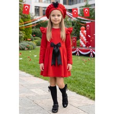 Parla Kids Kız Çocuk Kırmızı Sofia Pamuklu Fiyonk Detaylı Yılbaşı Elbise Kep Takım 29 Ekim Gösteri Kıyafeti