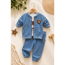 Dinamik çocuk Erkek Bebek Ayıcık Nakışlı 3'lü Takım Denim Kot Görünümlü Fermuarlı Ceket + Badi + Eşofman Altı Mevsimlik Bayramlık 6-9-12-18-24AYLIK