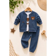 Dinamik çocuk Erkek Bebek Ayıcık Nakışlı 3'lü Takım Denim Kot Görünümlü Fermuarlı Ceket + Badi + Eşofman Altı Mevsimlik Bayramlık 6-9-12-18-24AYLIK