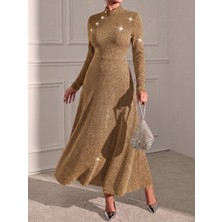 Mass Fashion Kadın Düğme Detaylı Uzun Flowers Elbise