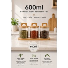 Kitcheva 3'lü Bambu Standlı Kulplu Çizgili Cam Baharatlık Seti 600 ml - Vakumlu Bambu Kapaklı Kavanoz Takımı (3X600 Ml) Ahşap Tepsili Baharat Takımı