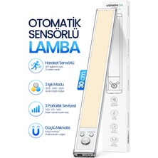Venenon 30 cm Hareket Sensörlü Şarjlı LED Dolap Lambası 2200 Mah Şarjlı Manyetik 3 Renk Type-C Kablosuz 1015