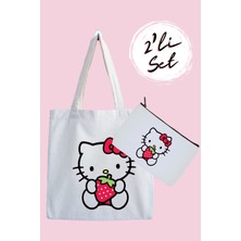 Designedfy Hello Kitty Çilek Su Geçirmez Bez Çanta ve Kalemlik 2'li Avantaj Seti