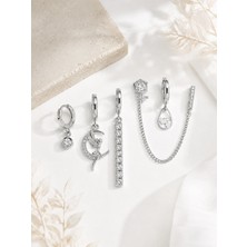 Serelya Gümüş Renk Pirinç Zirkon Taşlı 6'lı Küpe Set Kombini