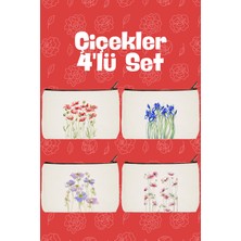 Designedfy Çiçekler 2 Baskılı 4'lü Makyaj Çantası, Kalemlik, Cüzdan