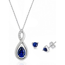 Brezza Lusso Jewelry 925 Ayar Su Damlası Pırlanta Model Safir Taşlı Gümüş Kolye Küpe Set