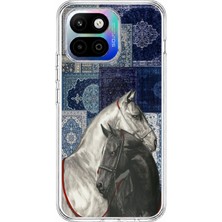 TechTree General Mobile Gm 26 One 5g Uyumlu Mavi Kilim Desenli Siyah ve Beyaz At Baskılı Silikon Kılıf