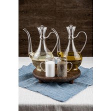 Atbyhome 5 Parça Ayaklı Ahşap Standlı Borosilikat Cam Yağlık Tuzluk Biberlik Seti