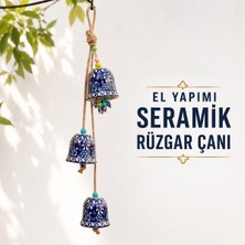 3'lü El Yapımı Seramik Rüzgar Çanı, Nazar Boncuklu Bahçe ve Balkon Süsü, Jüt Halatlı Çi�