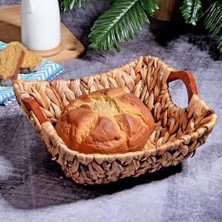 Wicker Serisi Bezli Kare Ahşap Kulplu Hasır Ekmek Sepeti