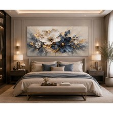 Sennight Kanvas Tablo Lacivert Altın Çiçek Soyut - Modern Floral Duvar Dekoru, Salon Yatak Odası Ofis Uyumlu Yatay