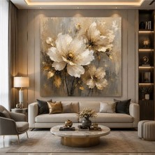 Sennight Kare Kanvas Tablo Gold Çiçek Desenli Bej Krem – Modern Floral Çerçevesiz Duvar Dekoru, Salon Yatak Odası Antre