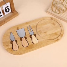 Promosyonca Bambu Peynir Sunum Tabağı, 3 Parça Peynir Bıçağı ve Çatalı Seti, Toplam 4 Parç