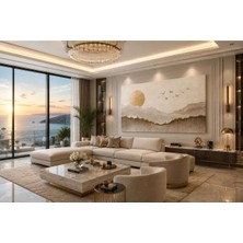 Sennight Kanvas Tablo Gold Güneş ve Dağ Desenli Soyut Manzara - Bej Krem, Modern Salon, Antre, Ofis ve Yatak Odası Duvar Dekoru
