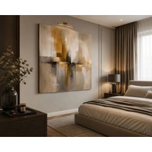Sennight Kanvas Tablo Golden Geometry Kare Soyut – Bej, Krem, Gri ve Altın Tonlu Modern Duvar Tablosu; Salon, Yatak Odası, Ofis