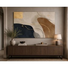 Sennight Modern Soyut Kanvas Tablo Lacivert Karamel Bej Altın Detaylı Yatay Çerçevesiz Dekoratif Tablo Salon, Çalışma Odası, Ofis, Yatak Odası