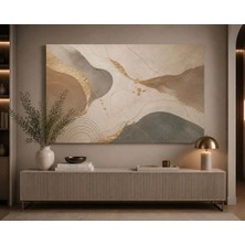 Sennight Modern Soyut Kanvas Tablo Bej Vizon Grej ve Altın Dokulu Yatay Tasarım Elegant Minimalist Duvar Dekoru Çerçevesiz Salon Yatak Odası Antre Ofis