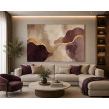 Sennight Modern Soyut Mürdüm Kanvas Tablo Gold Detaylı Bej Krem Tonlu Elegant Duvar Dekoru Salon Antre Dresuar Üzeri Çerçevesiz Kanvas Baskı