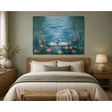 Sennight Kanvas Tablo Göl Kenarında Kuğular Nilüferler Mavi Tonlarda Romantik Doğa Manzarası Çerçevesiz Dekoratif Salon Yemek Odası Yatak Odası