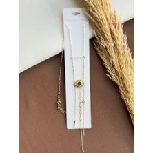 Ry Collections Zirkon Taşlı Göz Figürlü Ortası Zümrüt Yeşil 3'lü Sarkıtma Model Dekolte Çelik Kolye